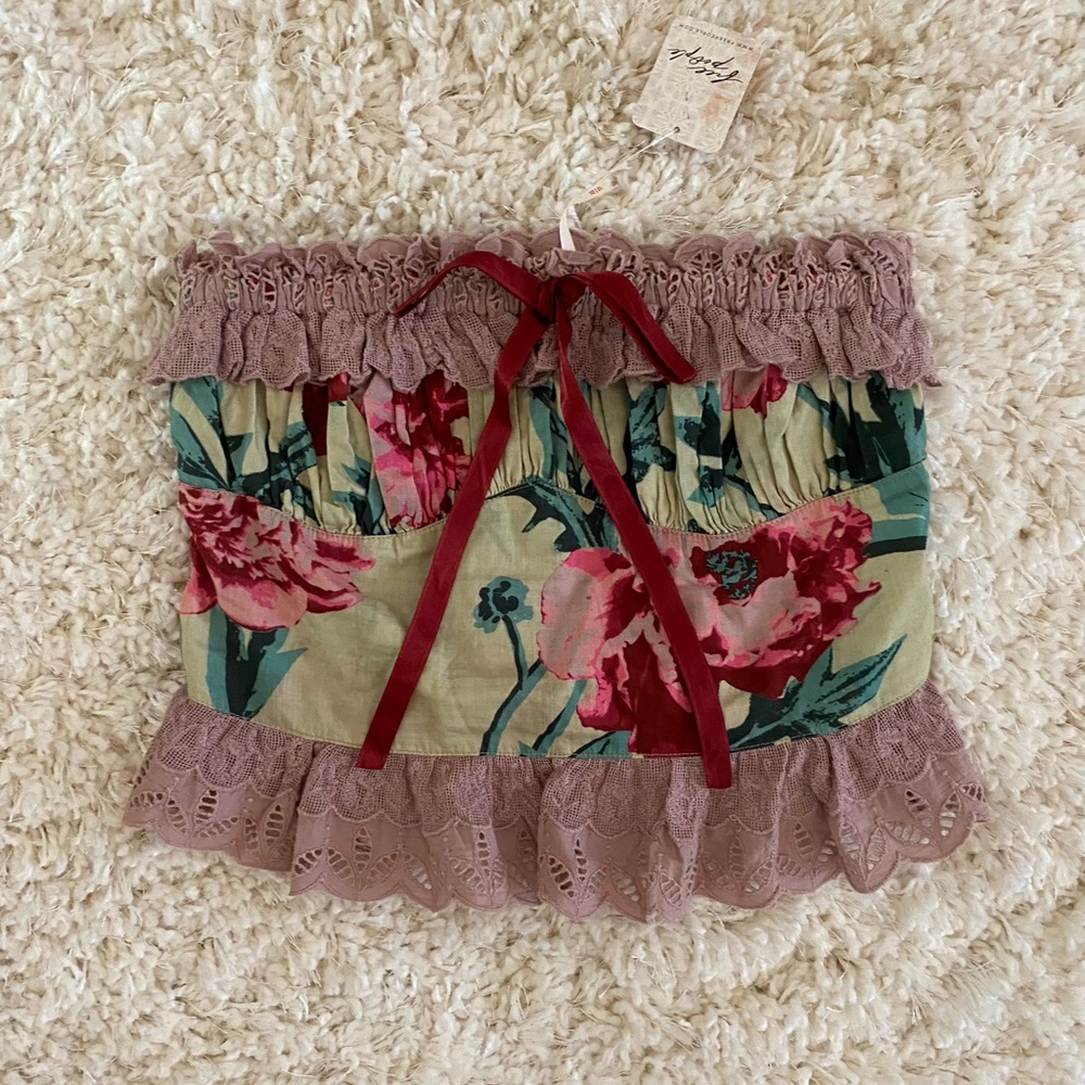 Free People Boho Floral Strapless Top with Ruffle Lace Trim - Picture 2 of 4